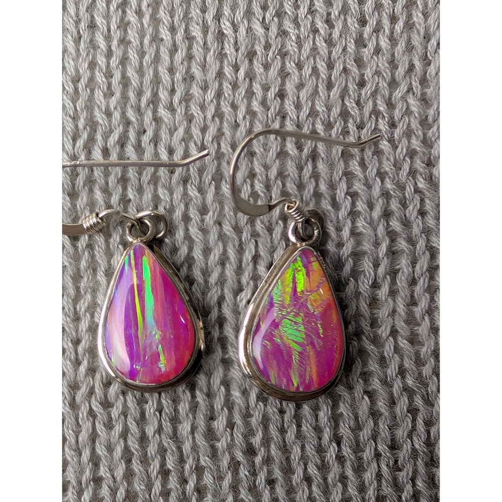 925 Silver sterling Earrings Hot Pink Gilson Aurora Opal Tear Drop Earrings - Picture 3 of 6